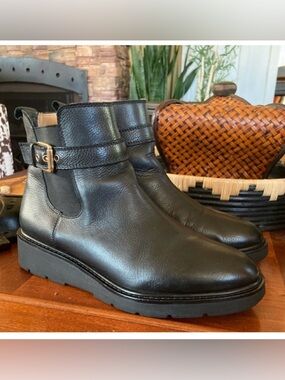 Franco Sarto “Meridian” Black Leather Ankle Booties with Buckle